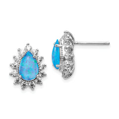 Cheryl M Sterling Silver Rhodium-plated Cabochon Lab Created Blue Opal and Brilliant-cut CZ Teardrop Shaped Post Earrings