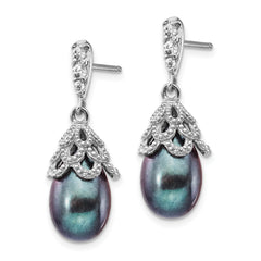 Cheryl M Sterling Silver Rhodium-plated Black Teardrop Freshwater Cultured Pearl and Brilliant-cut CZ Post Dangle Earrings