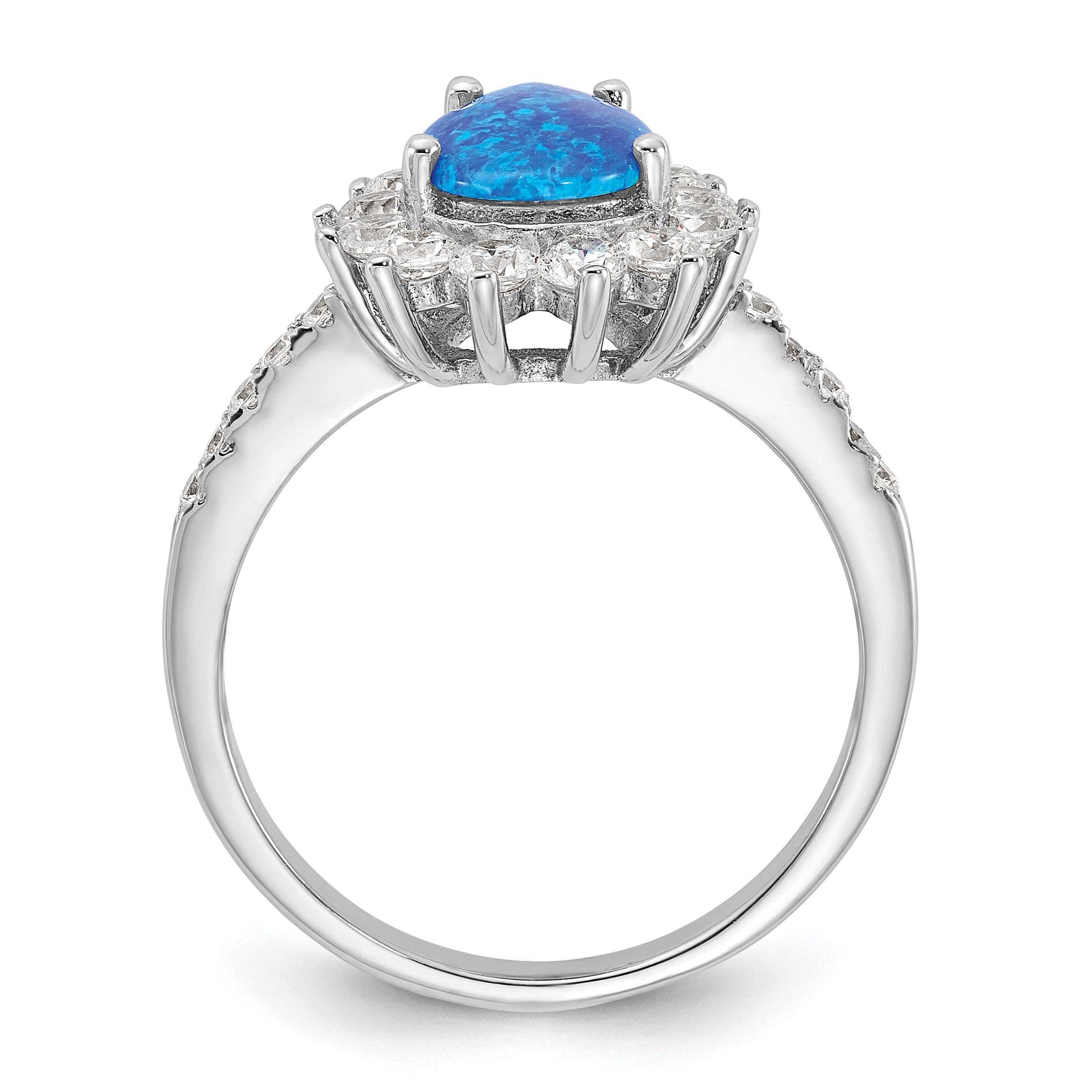 Cheryl M Sterling Silver Rhodium-plated Cabochon Lab Created Blue Opal and Brilliant-cut CZ Teardrop Shaped Ring