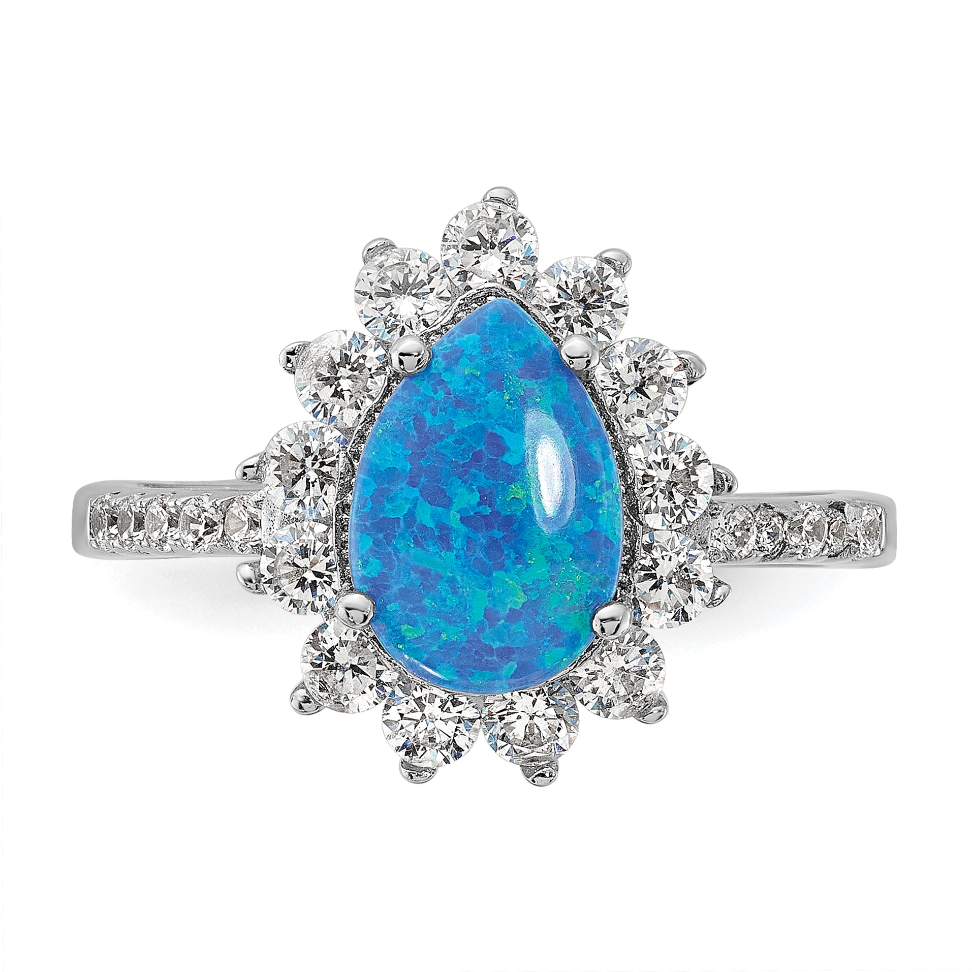 Cheryl M Sterling Silver Rhodium-plated Cabochon Lab Created Blue Opal and Brilliant-cut CZ Teardrop Shaped Ring