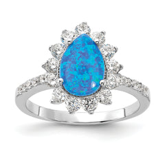 Cheryl M Sterling Silver Rhodium-plated Cabochon Lab Created Blue Opal and Brilliant-cut CZ Teardrop Shaped Ring