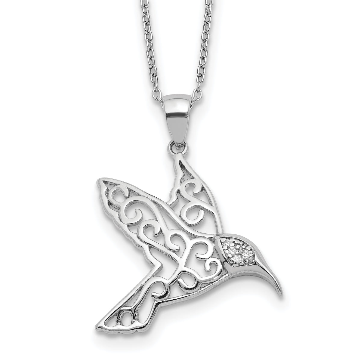 Cheryl M Sterling Silver Rhodium-plated Filigree Brilliant-cut CZ Hummingbird 18 Inch Necklace