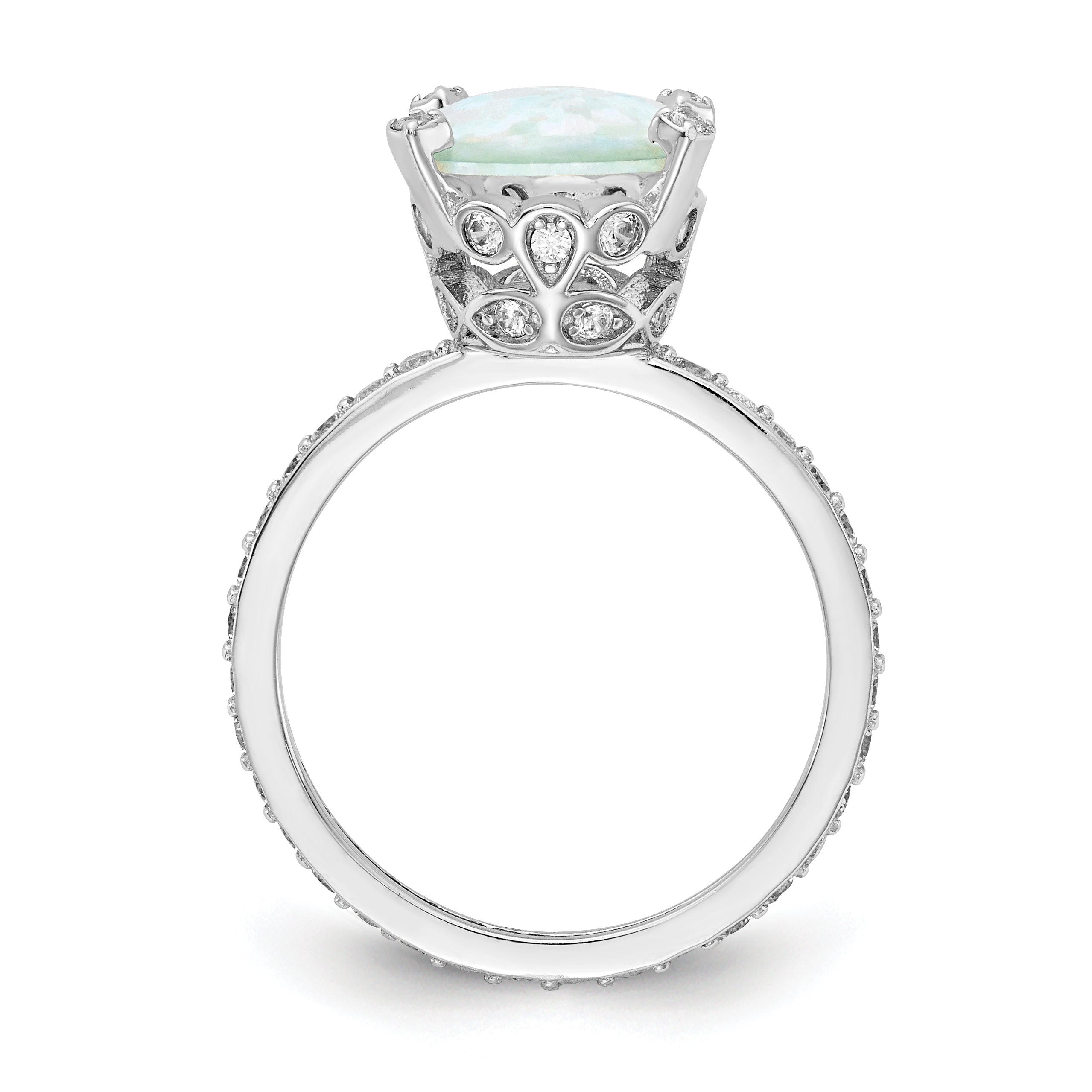 Cheryl M Sterling Silver Rhodium-plated Cabochon Lab Created Opal and Brilliant-cut CZ Oval with Side Stones Ring