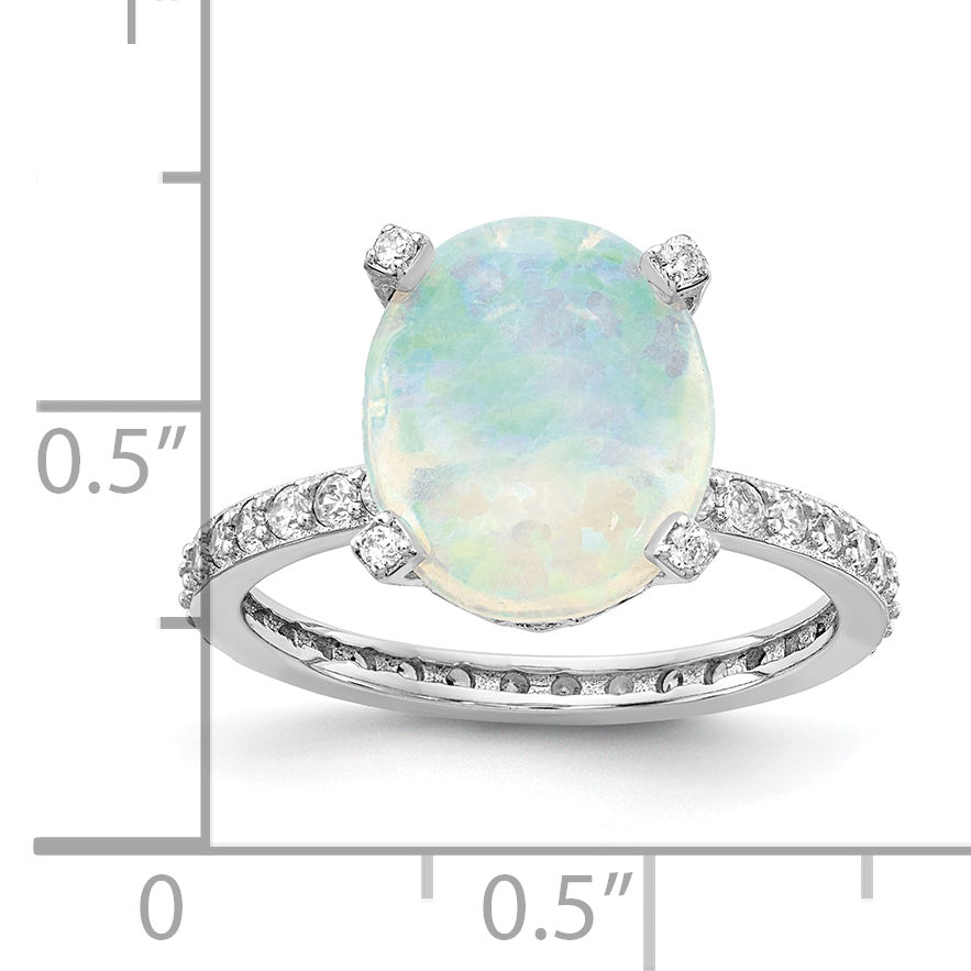 Cheryl M Sterling Silver Rhodium-plated Cabochon Lab Created Opal and Brilliant-cut CZ Oval with Side Stones Ring