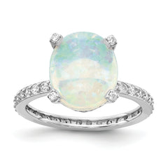 Cheryl M Sterling Silver Rhodium-plated Cabochon Lab Created Opal and Brilliant-cut CZ Oval with Side Stones Ring