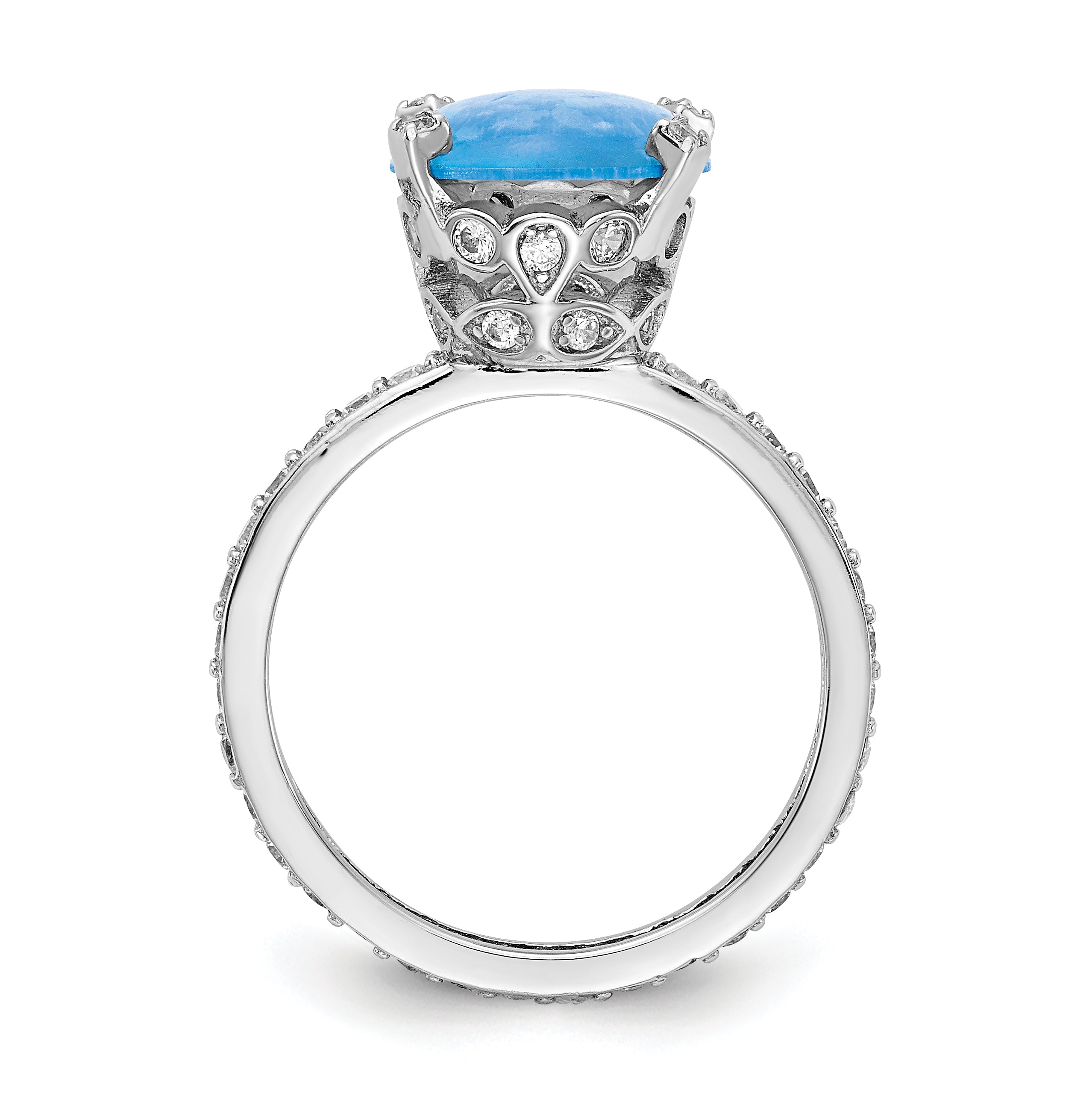 Cheryl M Sterling Silver Rhodium-plated Cabachon Lab Created Blue Opal and Brilliant-cut CZ Oval with Side Stones Ring