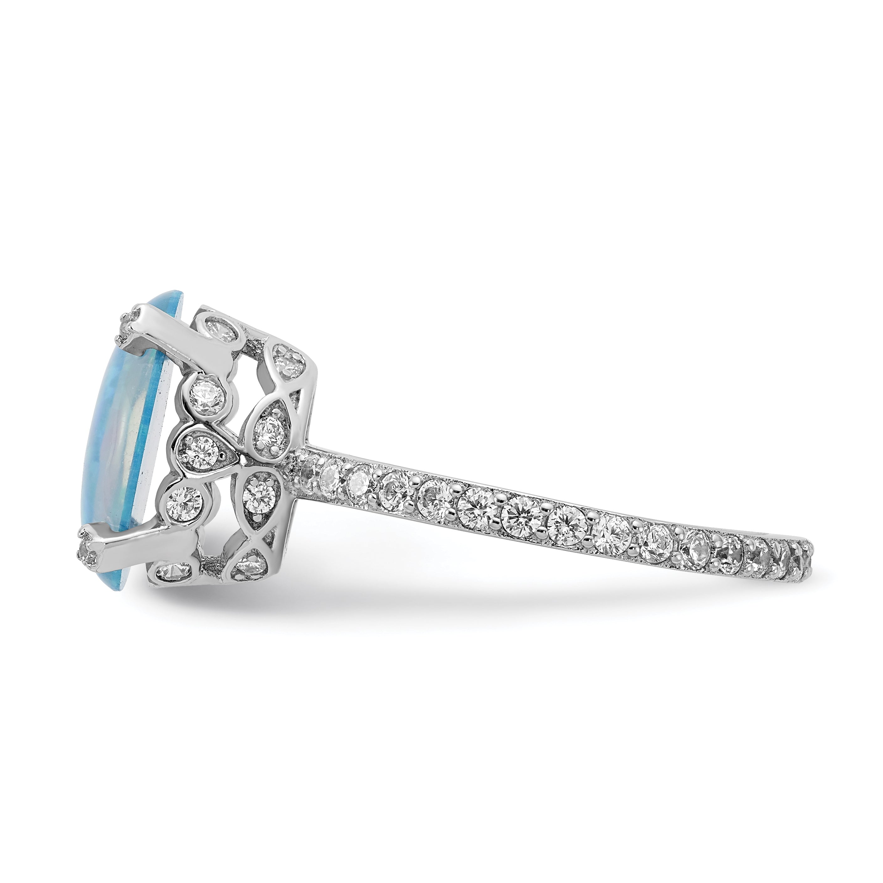 Cheryl M Sterling Silver Rhodium-plated Cabachon Lab Created Blue Opal and Brilliant-cut CZ Oval with Side Stones Ring