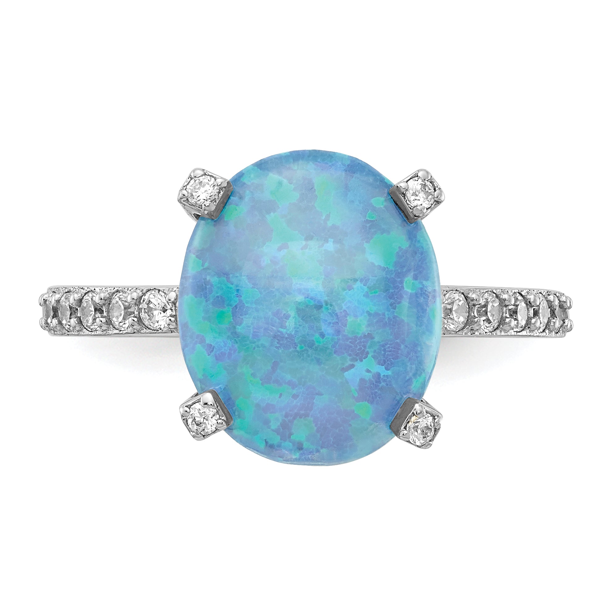 Cheryl M Sterling Silver Rhodium-plated Cabachon Lab Created Blue Opal and Brilliant-cut CZ Oval with Side Stones Ring