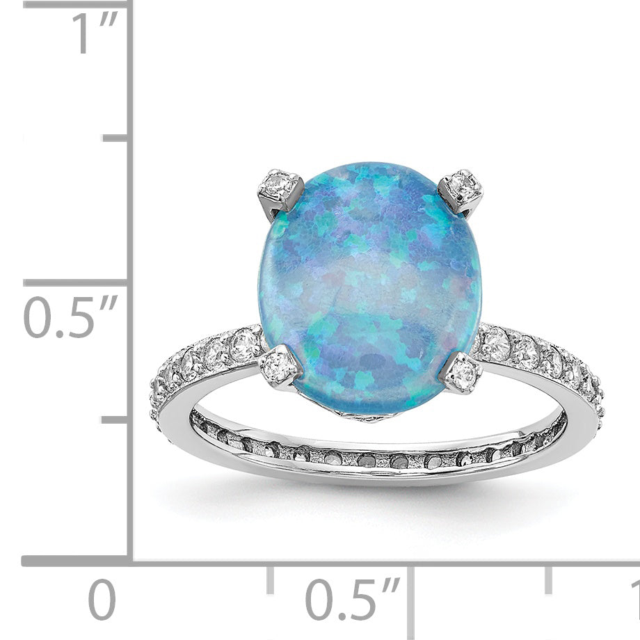 Cheryl M Sterling Silver Rhodium-plated Cabachon Lab Created Blue Opal and Brilliant-cut CZ Oval with Side Stones Ring