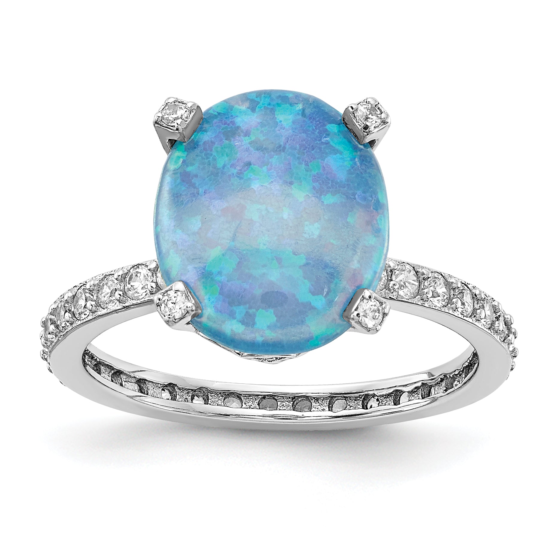 Cheryl M Sterling Silver Rhodium-plated Cabachon Lab Created Blue Opal and Brilliant-cut CZ Oval with Side Stones Ring