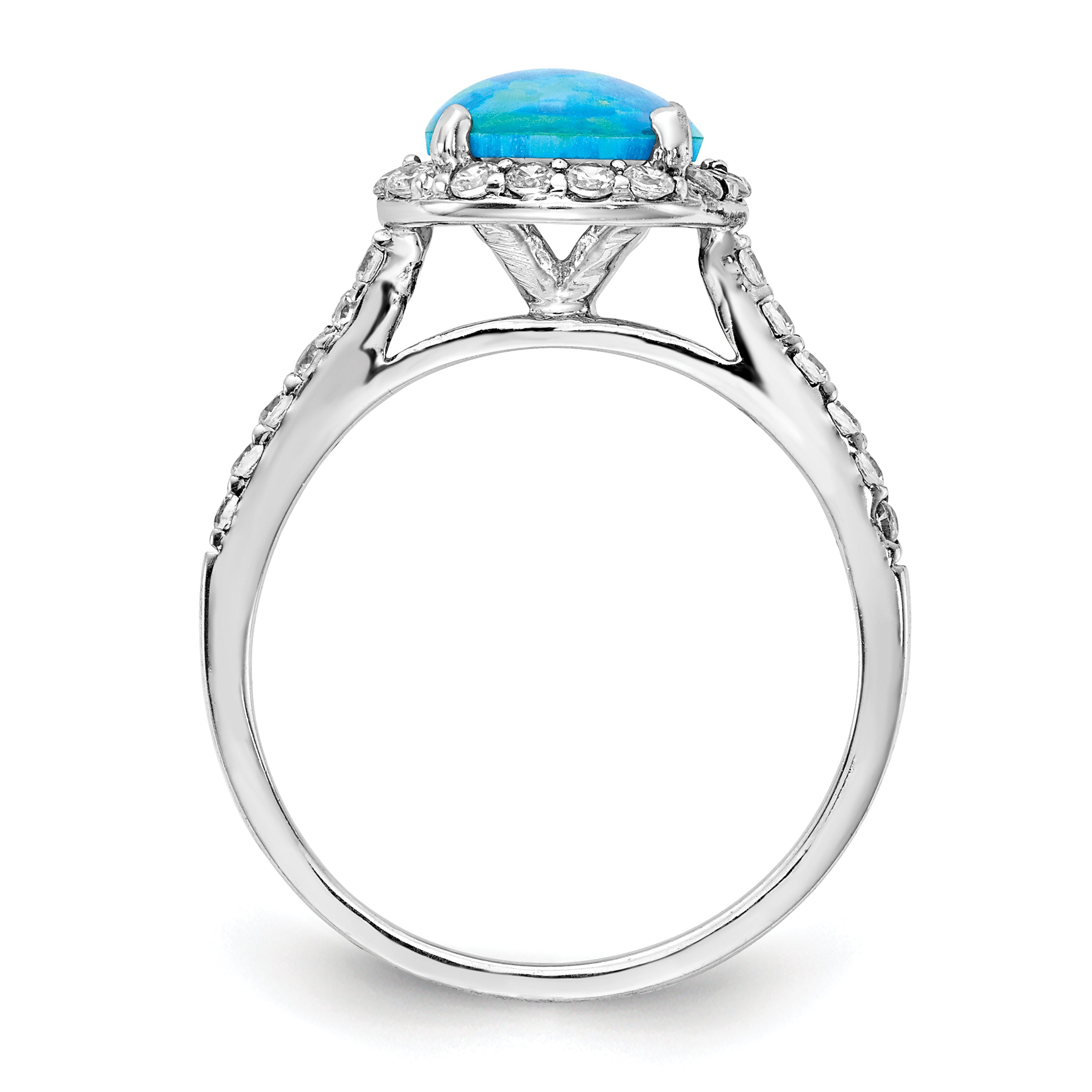 Cheryl M Sterling Silver Rhodium-plated Cabochon Lab Created Blue Opal and Brilliant Cut CZ Halo with Side Stones Ring