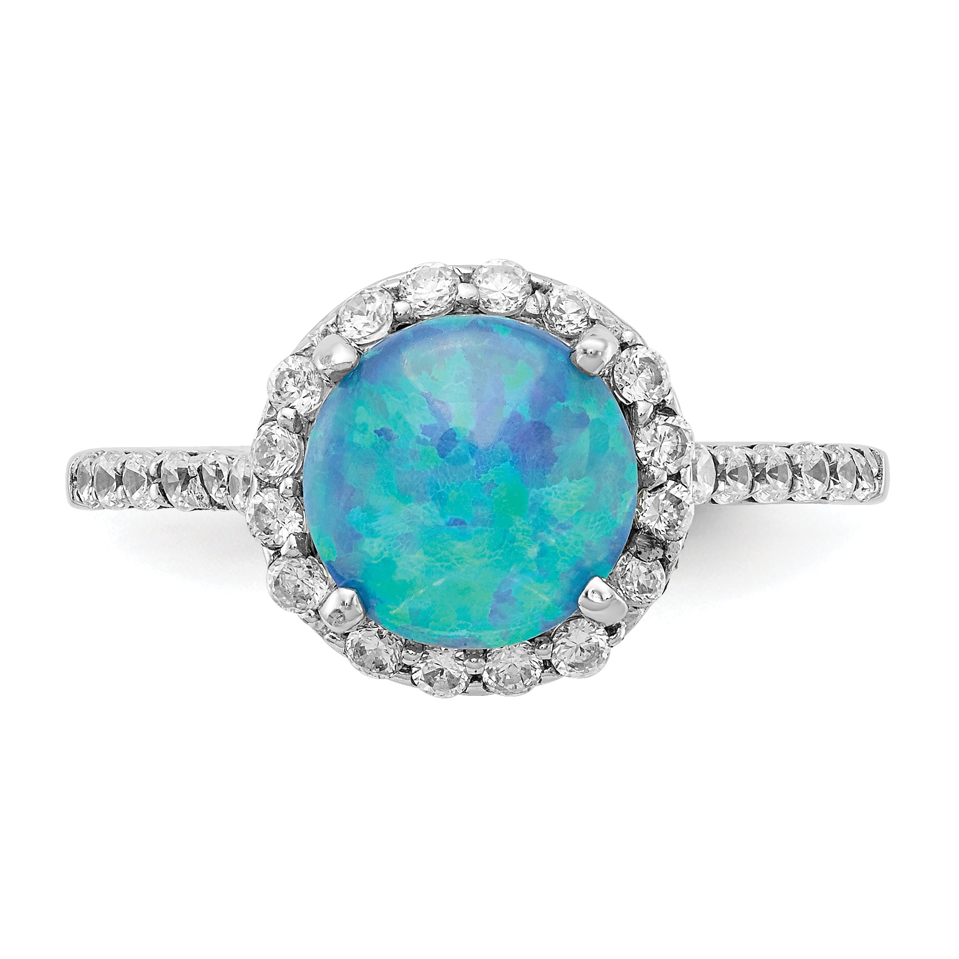 Cheryl M Sterling Silver Rhodium-plated Cabochon Lab Created Blue Opal and Brilliant Cut CZ Halo with Side Stones Ring