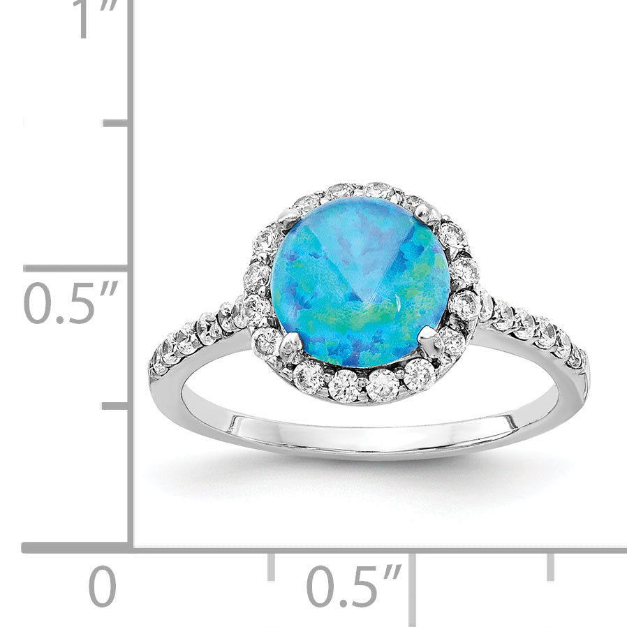 Cheryl M Sterling Silver Rhodium-plated Cabochon Lab Created Blue Opal and Brilliant Cut CZ Halo with Side Stones Ring