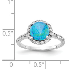 Cheryl M Sterling Silver Rhodium-plated Cabochon Lab Created Blue Opal and Brilliant Cut CZ Halo with Side Stones Ring