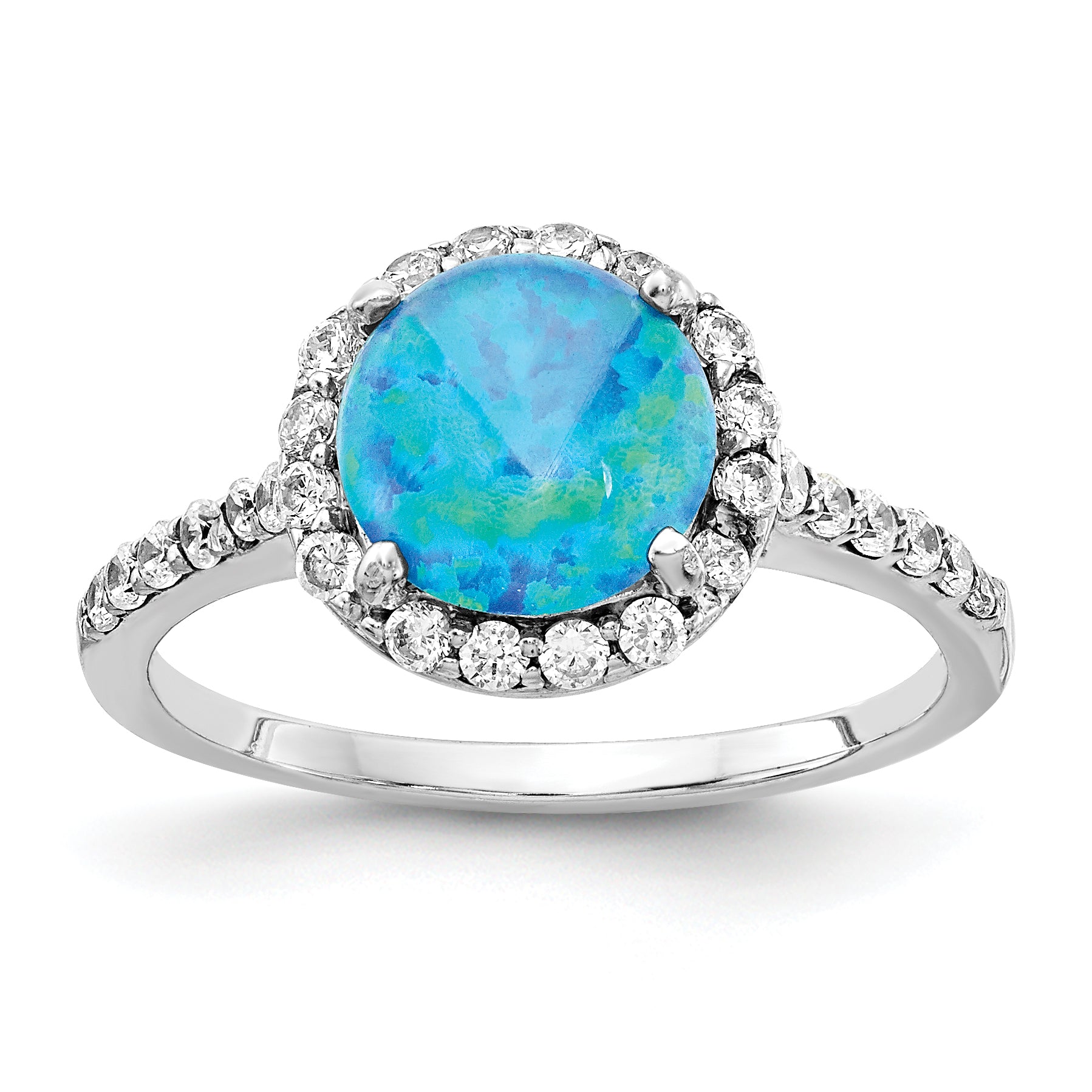 Cheryl M Sterling Silver Rhodium-plated Cabochon Lab Created Blue Opal and Brilliant Cut CZ Halo with Side Stones Ring