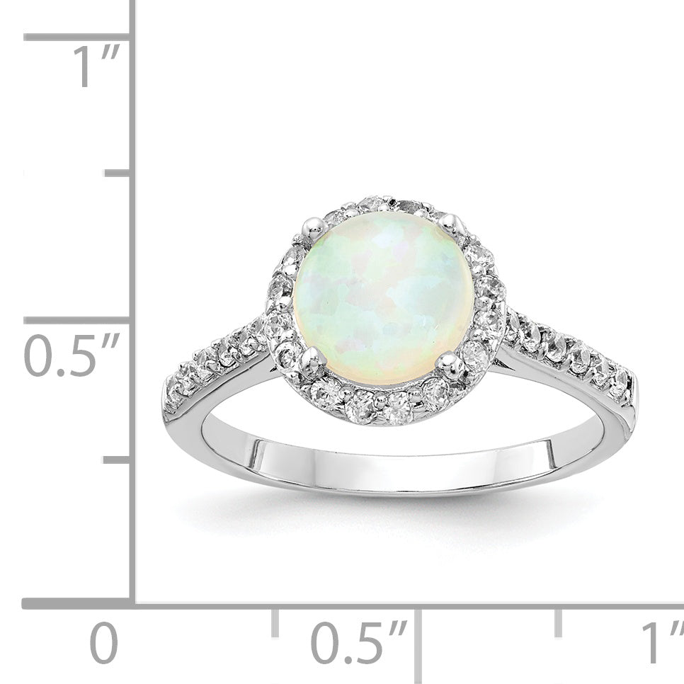 Cheryl M Sterling Silver Rhodium-plated Cabochon Lab Created Opal and Brilliant-cut CZ Halo Ring