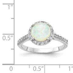 Cheryl M Sterling Silver Rhodium-plated Cabochon Lab Created Opal and Brilliant-cut CZ Halo Ring