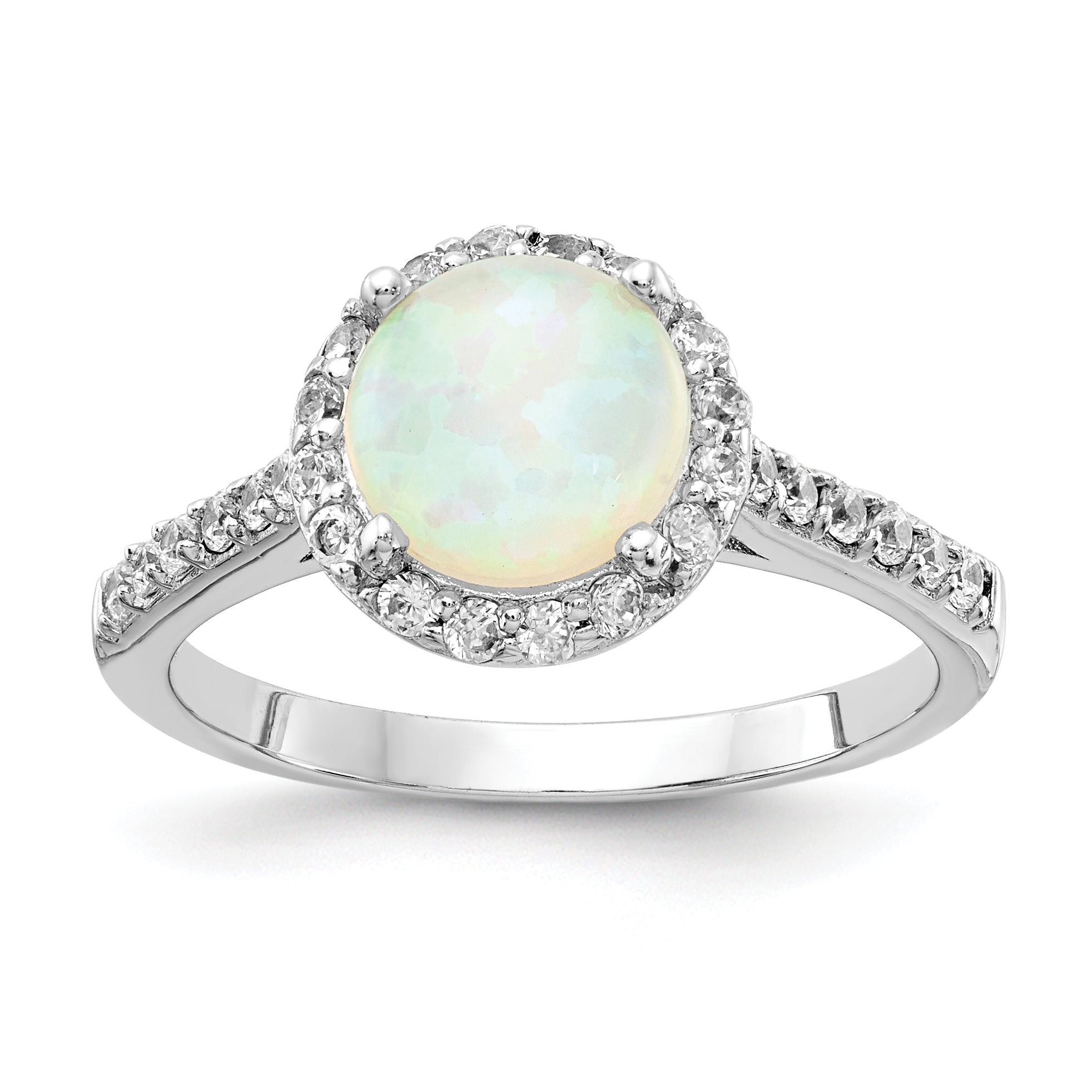 Cheryl M Sterling Silver Rhodium-plated Cabochon Lab Created Opal and Brilliant-cut CZ Halo Ring