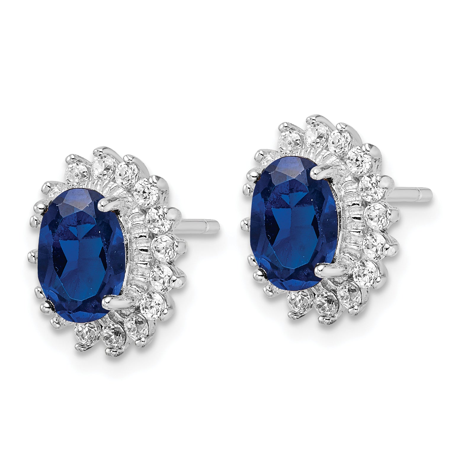 Cheryl M Sterling Silver Rhodium-plated Brilliant-cut Lab Created Dark Blue Spinel and Brilliant-cut White CZ Oval Halo Post Earrings