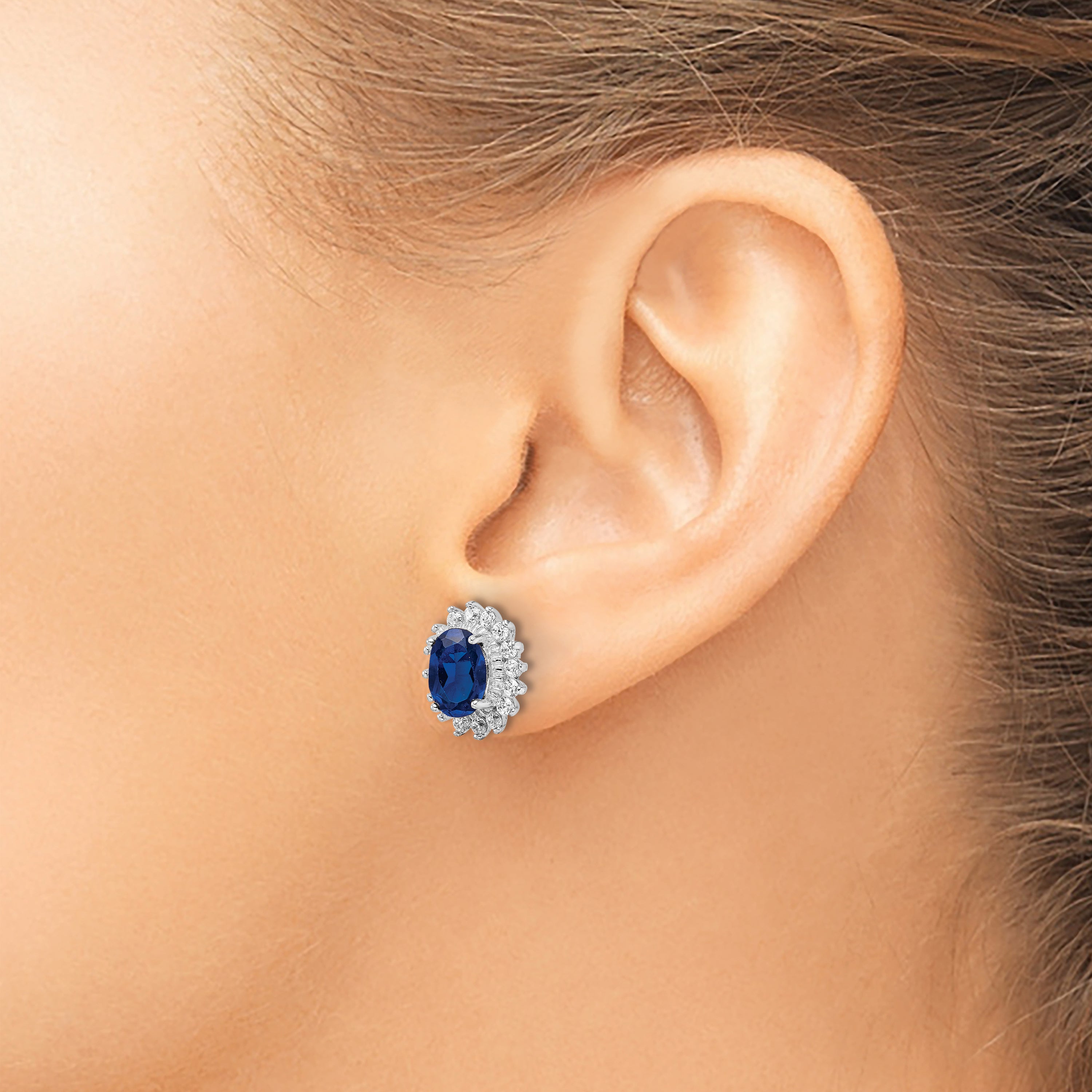 Cheryl M Sterling Silver Rhodium-plated Brilliant-cut Lab Created Dark Blue Spinel and Brilliant-cut White CZ Oval Halo Post Earrings