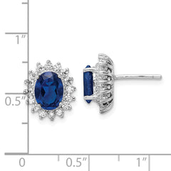 Cheryl M Sterling Silver Rhodium-plated Brilliant-cut Lab Created Dark Blue Spinel and Brilliant-cut White CZ Oval Halo Post Earrings