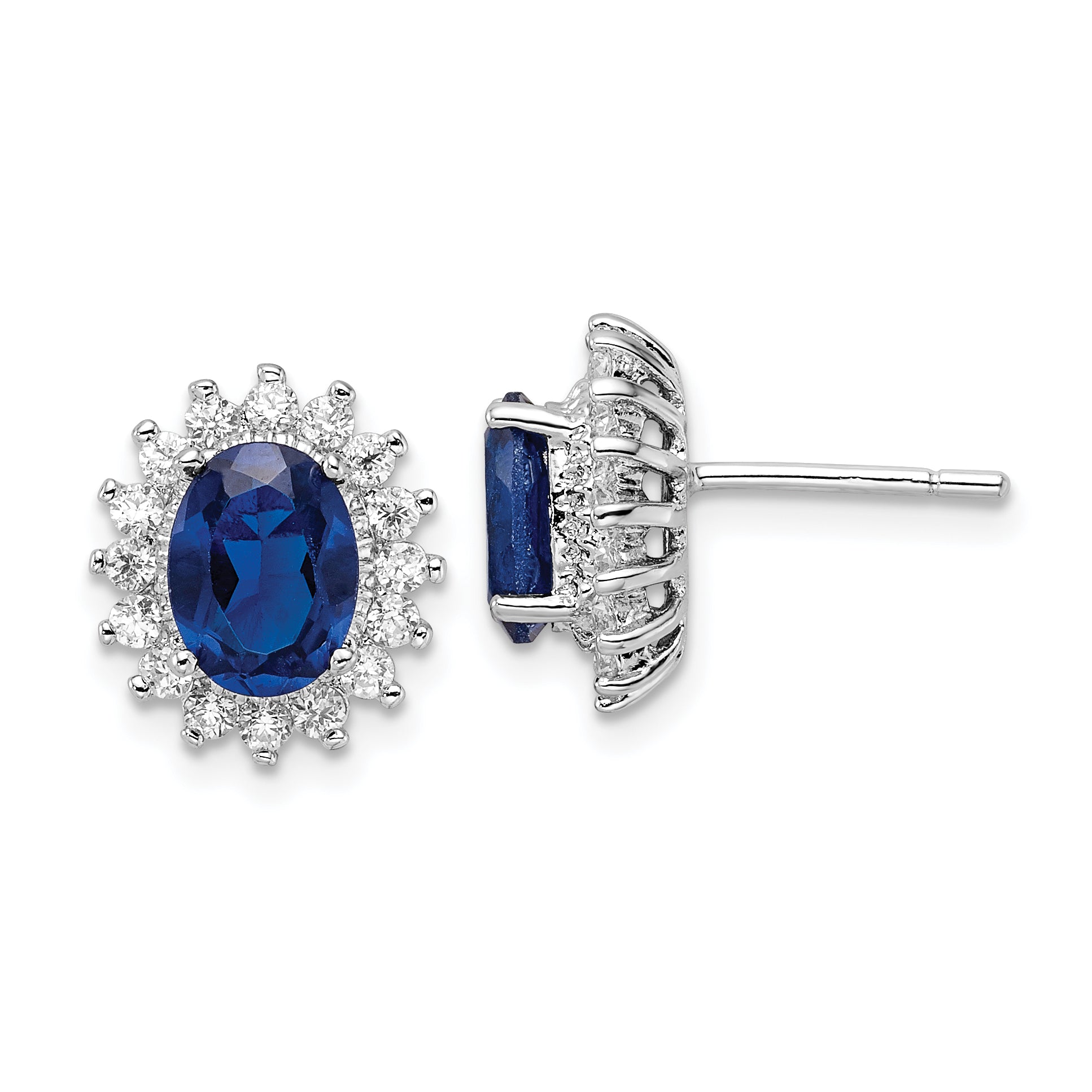 Cheryl M Sterling Silver Rhodium-plated Brilliant-cut Lab Created Dark Blue Spinel and Brilliant-cut White CZ Oval Halo Post Earrings