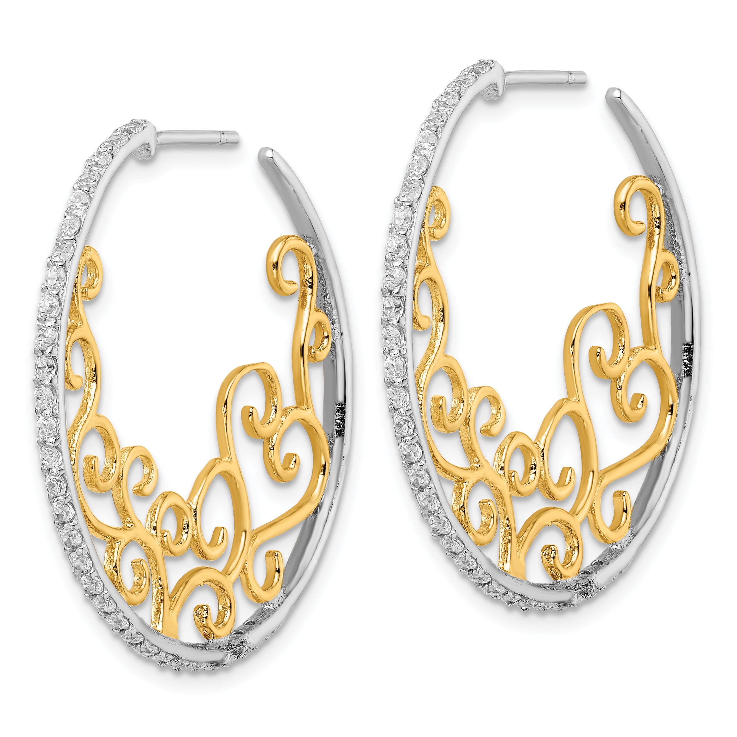 Cheryl M Sterling Silver Rhodium-plated and Gold-plated Brilliant-cut CZ Swirl Round Post Hoop Earrings