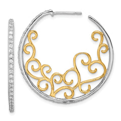 Cheryl M Sterling Silver Rhodium-plated and Gold-plated Brilliant-cut CZ Swirl Round Post Hoop Earrings