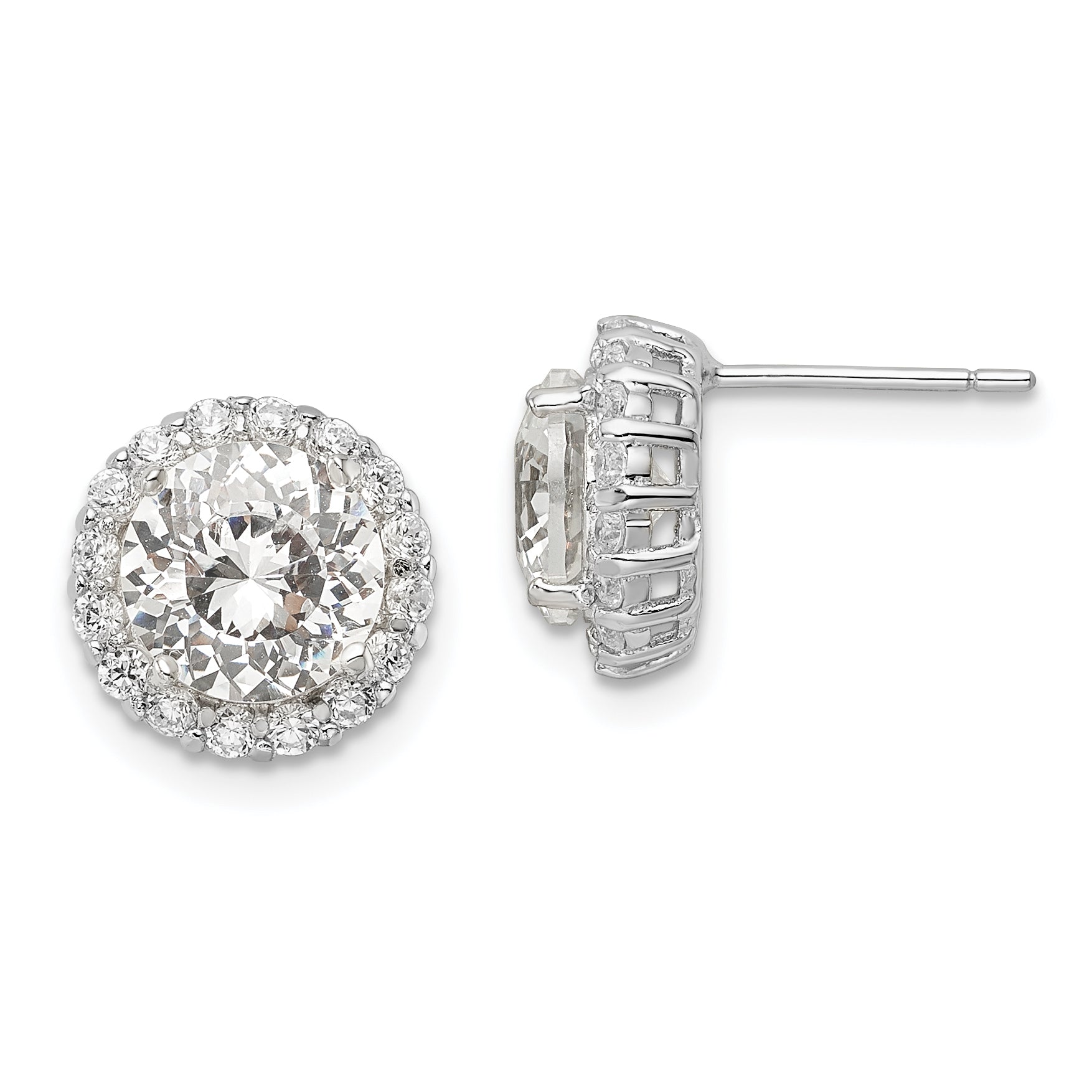 Cheryl M Sterling Silver Rhodium-plated 100 Facet & Brilliant-cut Round CZ Halo Post Earrings