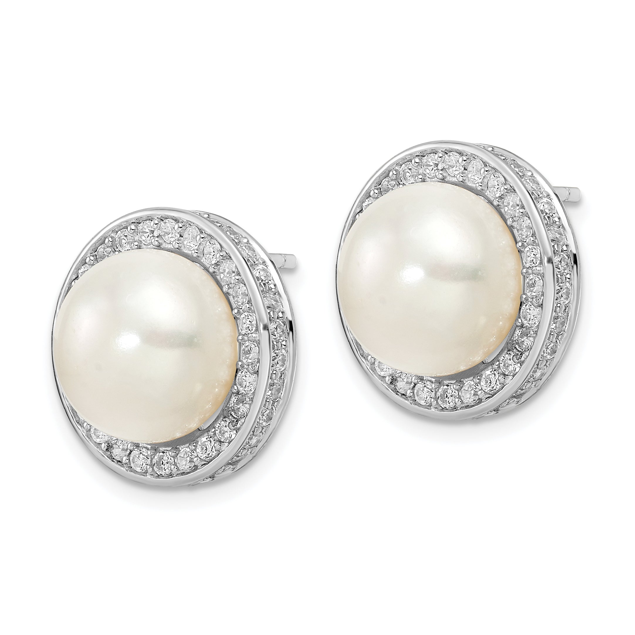 Cheryl M Sterling Silver Rhodium-plated 12mm Button Freshwater Cultured Pearl and Brilliant-cut CZ Halo Post Earrings