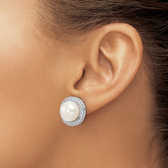 Cheryl M Sterling Silver Rhodium-plated 12mm Button Freshwater Cultured Pearl and Brilliant-cut CZ Halo Post Earrings