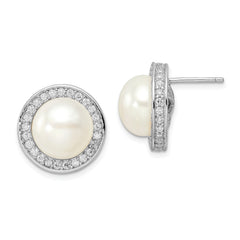 Cheryl M Sterling Silver Rhodium-plated 12mm Button Freshwater Cultured Pearl and Brilliant-cut CZ Halo Post Earrings