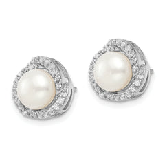 Cheryl M Sterling Silver Rhodium-plated Freshwater Cultured Pearl and Brilliant-cut CZ Love Knot Post Earrings