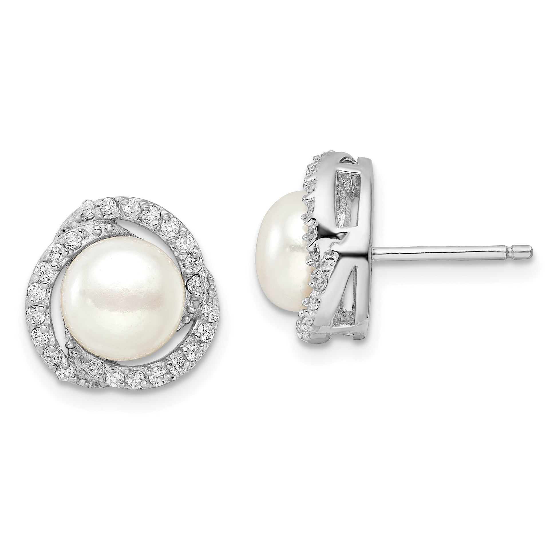 Cheryl M Sterling Silver Rhodium-plated Freshwater Cultured Pearl and Brilliant-cut CZ Love Knot Post Earrings