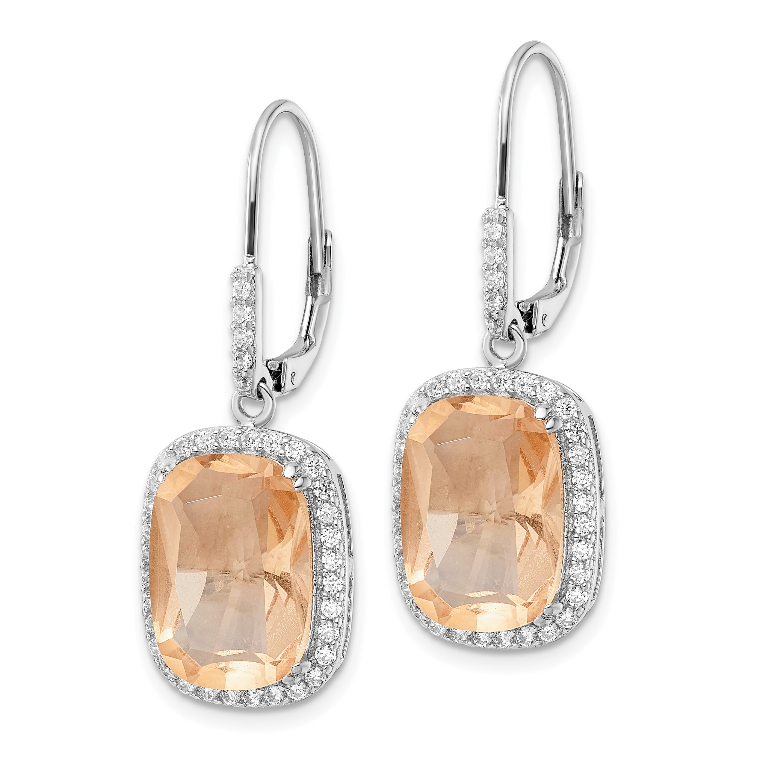 Cheryl M Sterling Silver Rhodium-plated Peach Elongated Cushion-cut CZ and White Brilliant-cut CZ Halo Leverback Dangle Earrings