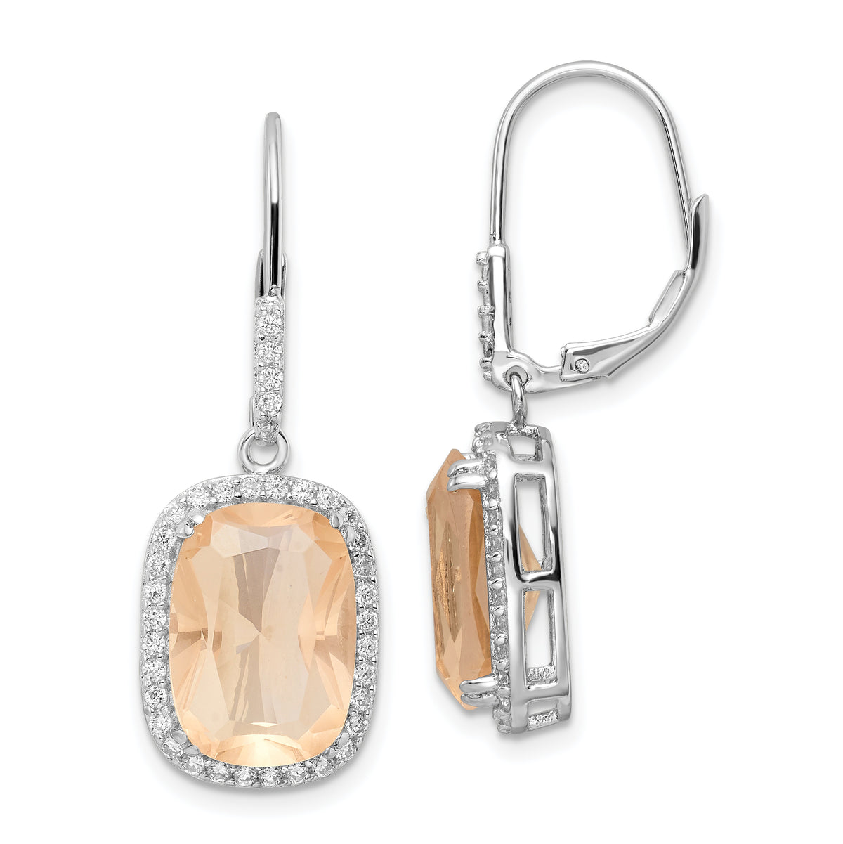 Cheryl M Sterling Silver Rhodium-plated Peach Elongated Cushion-cut CZ and White Brilliant-cut CZ Halo Leverback Dangle Earrings