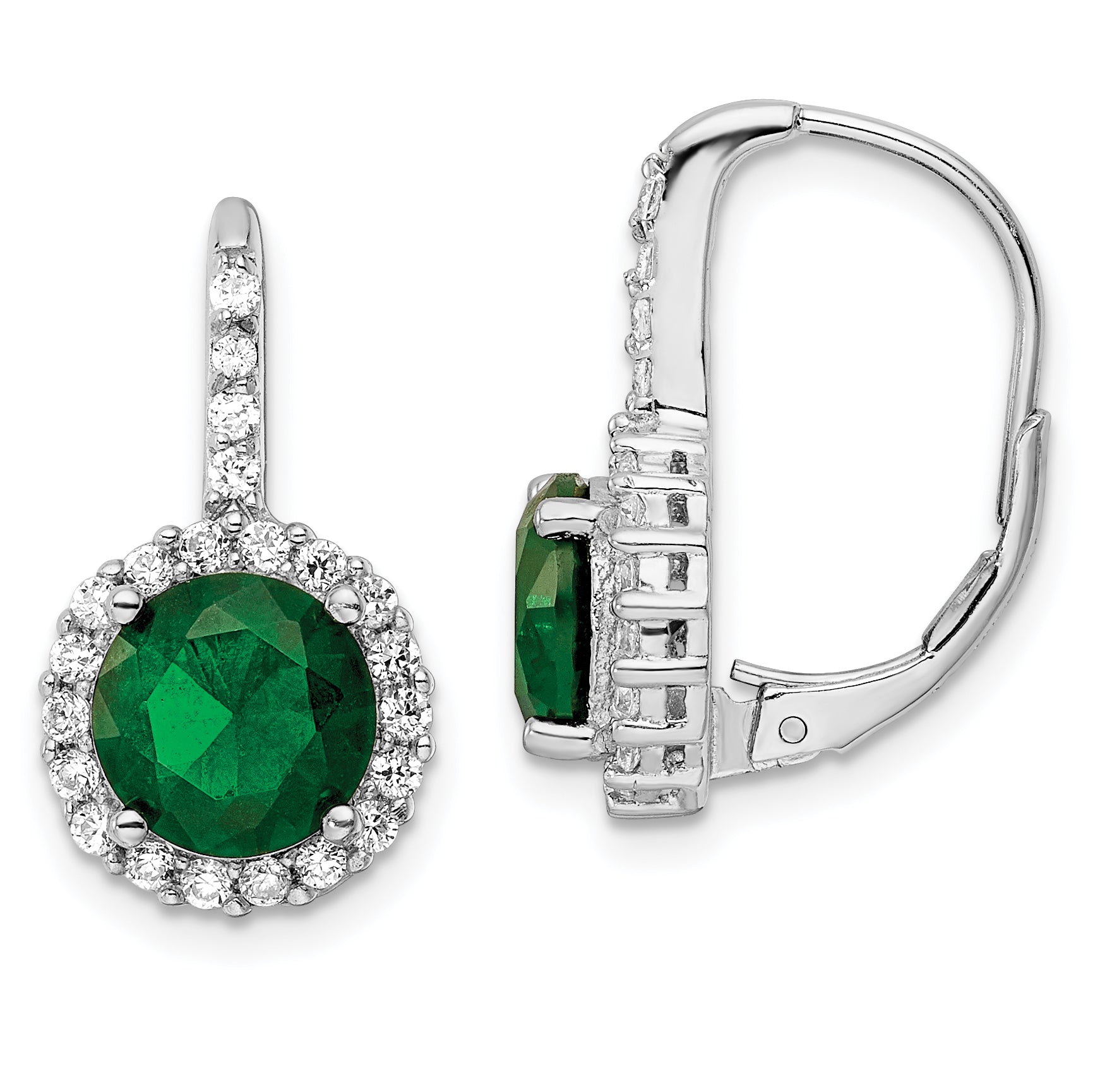 Cheryl M Sterling Silver Rhodium-plated Brilliant-cut Green Glass and Brilliant-cut White CZ Halo Leverback Earrings