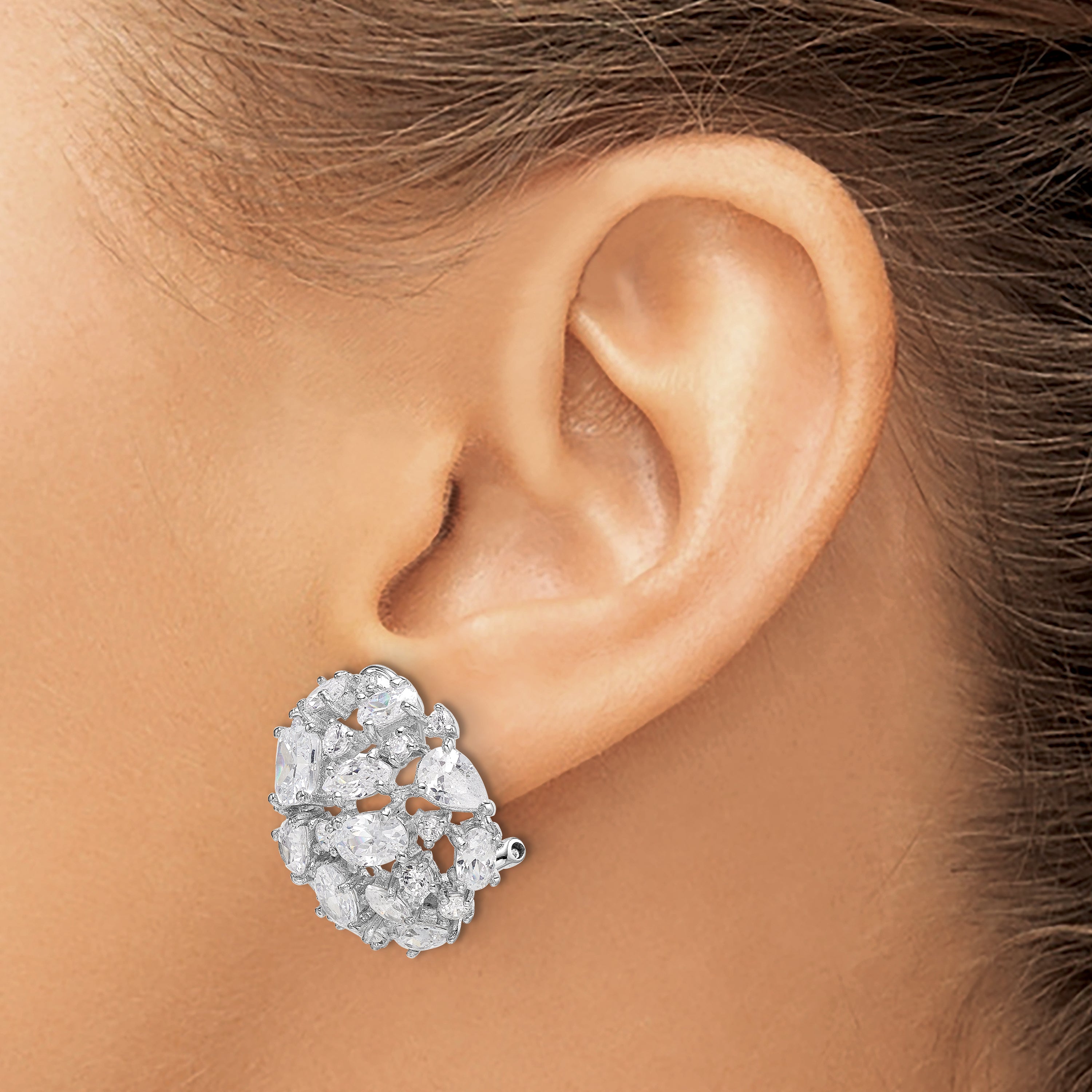 Cheryl M Sterling Silver Rhodium-plated Cushion-cut Marquise-cut & Brilliant-cut CZ Cluster Dome Post Omega Back Earrings