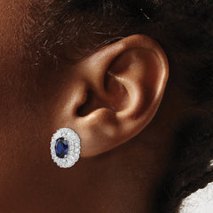 Cheryl M Sterling Silver Rhodium-plated Brilliant-cut Lab Created Dark Blue Spinel and Tapered Baguette-cut/Brilliant-cut White CZ Oval Halo Post Earrings