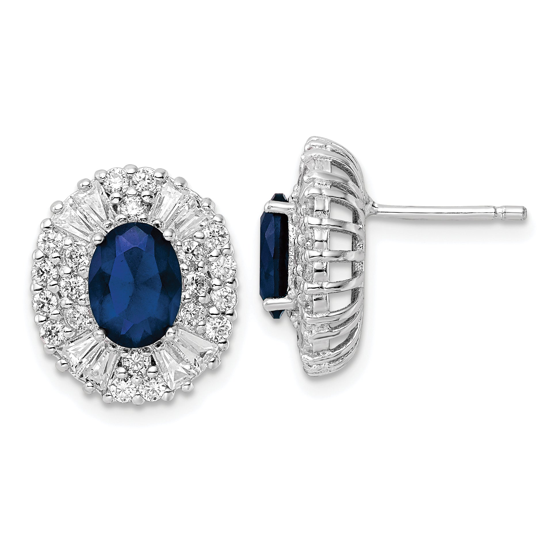 Cheryl M Sterling Silver Rhodium-plated Brilliant-cut Lab Created Dark Blue Spinel and Tapered Baguette-cut/Brilliant-cut White CZ Oval Halo Post Earrings