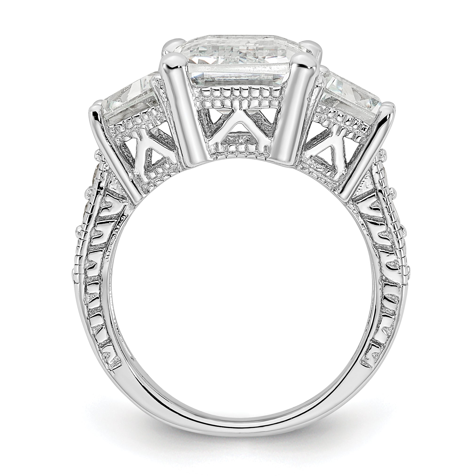 Cheryl M Sterling Silver Rhodium-plated Fancy Emerald-cut and Brilliant-cut CZ 3 Stone Ring