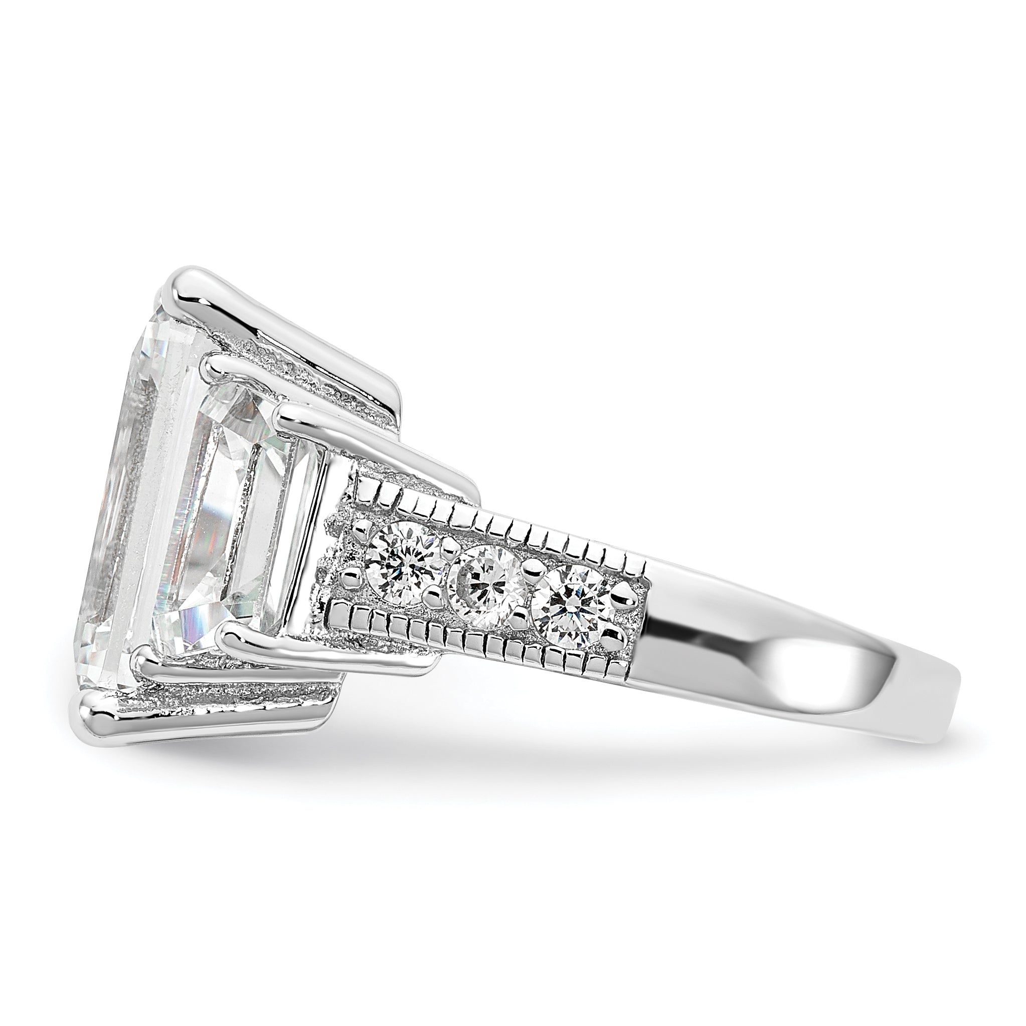 Cheryl M Sterling Silver Rhodium-plated Fancy Emerald-cut and Brilliant-cut CZ 3 Stone Ring