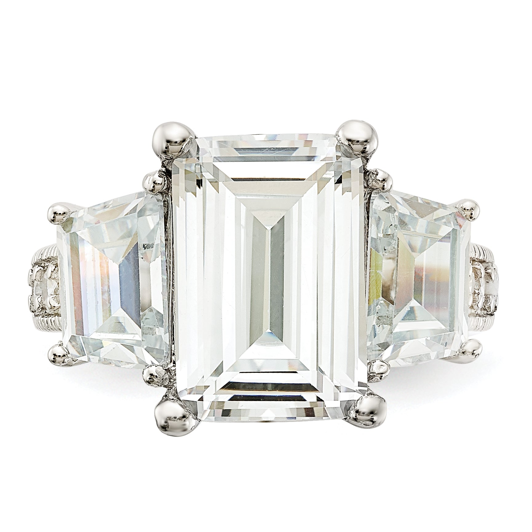 Cheryl M Sterling Silver Rhodium-plated Fancy Emerald-cut and Brilliant-cut CZ 3 Stone Ring