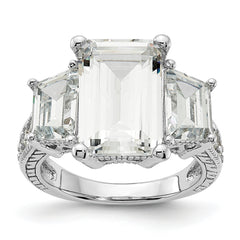 Cheryl M Sterling Silver Rhodium-plated Fancy Emerald-cut and Brilliant-cut CZ 3 Stone Ring