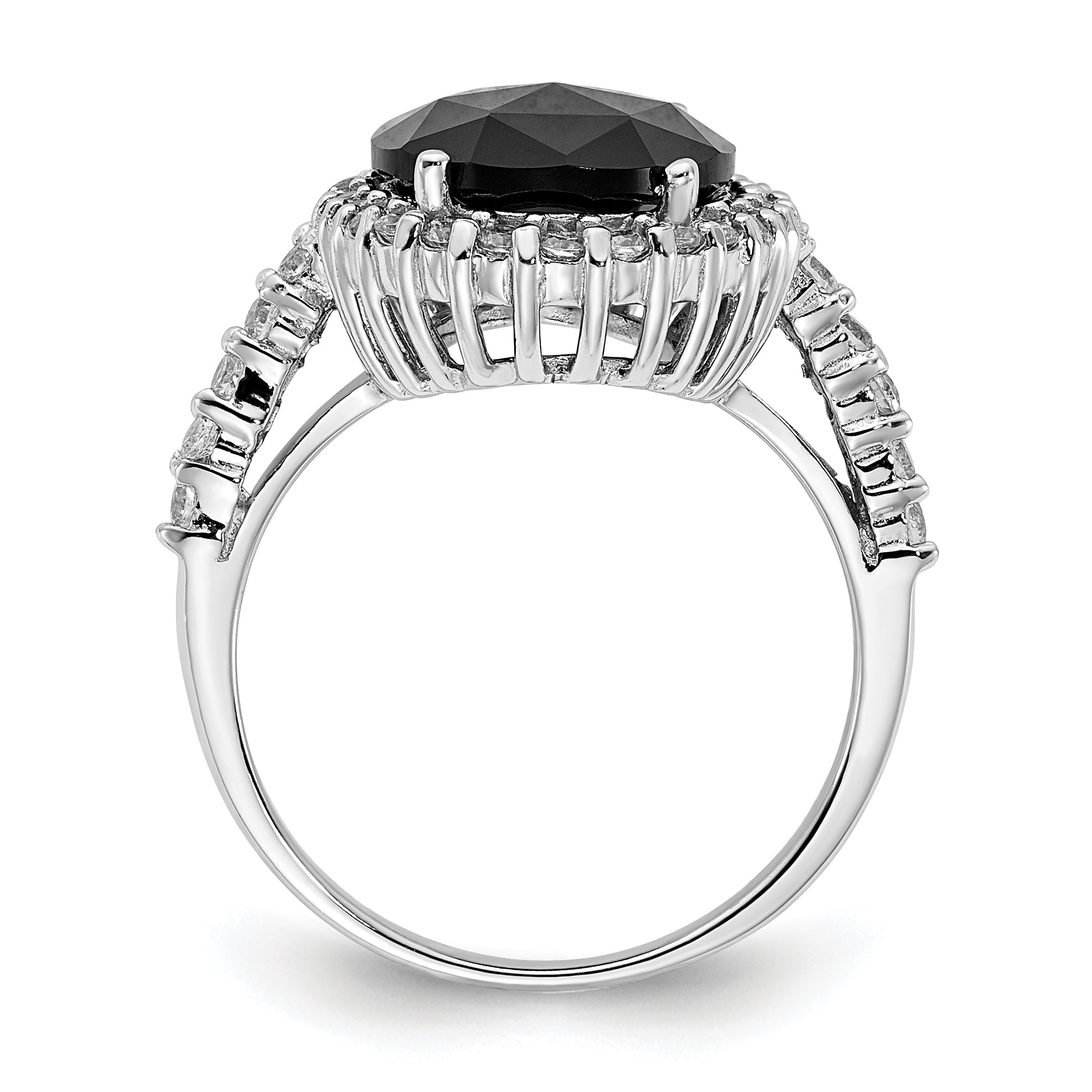 Cheryl M Sterling Silver Rhodium-plated Checker-cut Black CZ and Brilliant-cut White CZ Oval Halo Ring