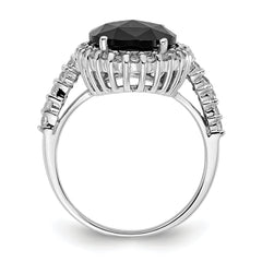 Cheryl M Sterling Silver Rhodium-plated Checker-cut Black CZ and Brilliant-cut White CZ Oval Halo Ring