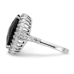 Cheryl M Sterling Silver Rhodium-plated Checker-cut Black CZ and Brilliant-cut White CZ Oval Halo Ring