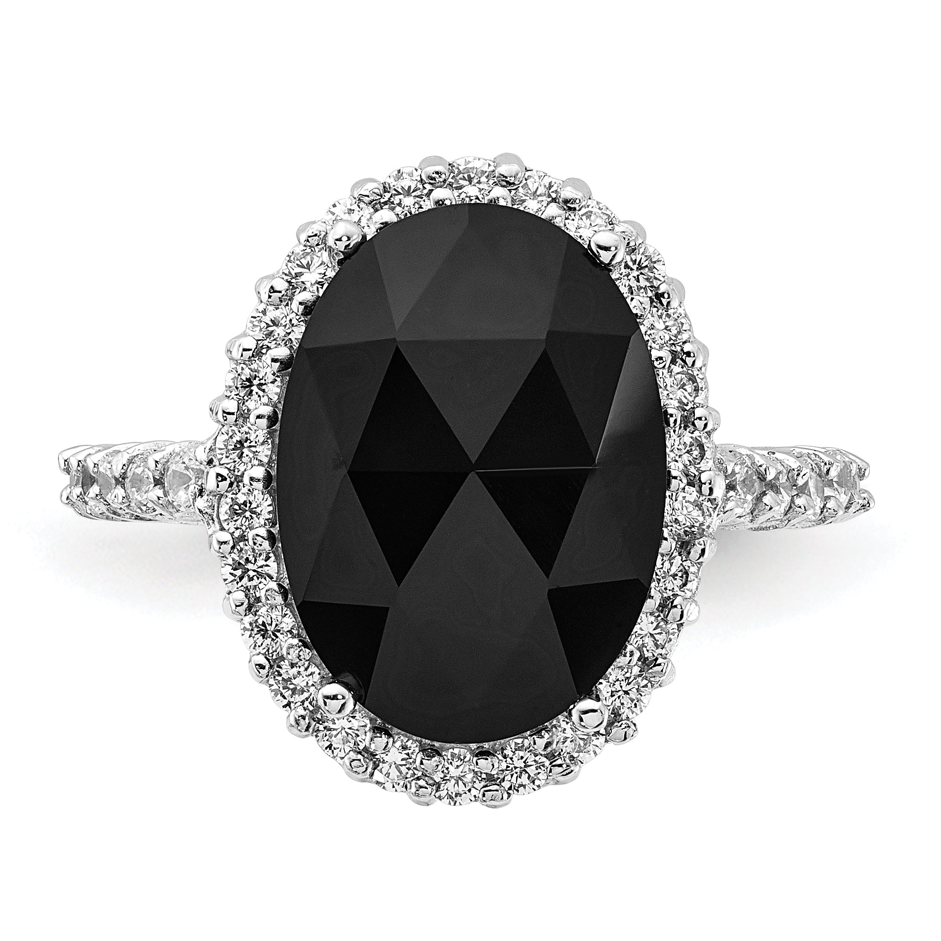 Cheryl M Sterling Silver Rhodium-plated Checker-cut Black CZ and Brilliant-cut White CZ Oval Halo Ring