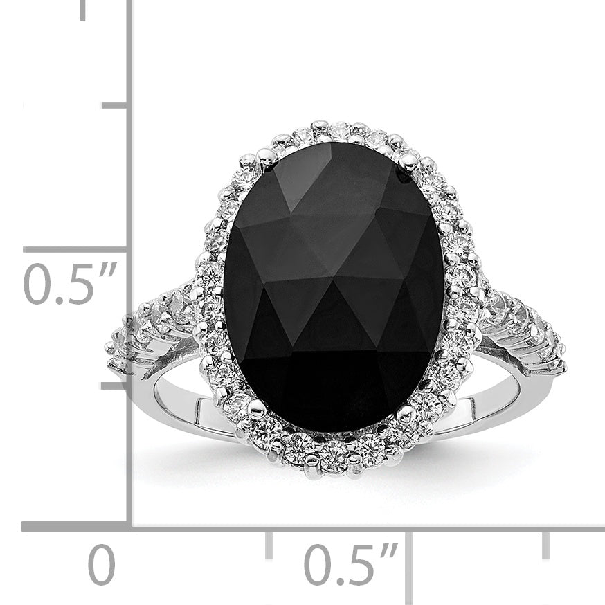 Cheryl M Sterling Silver Rhodium-plated Checker-cut Black CZ and Brilliant-cut White CZ Oval Halo Ring