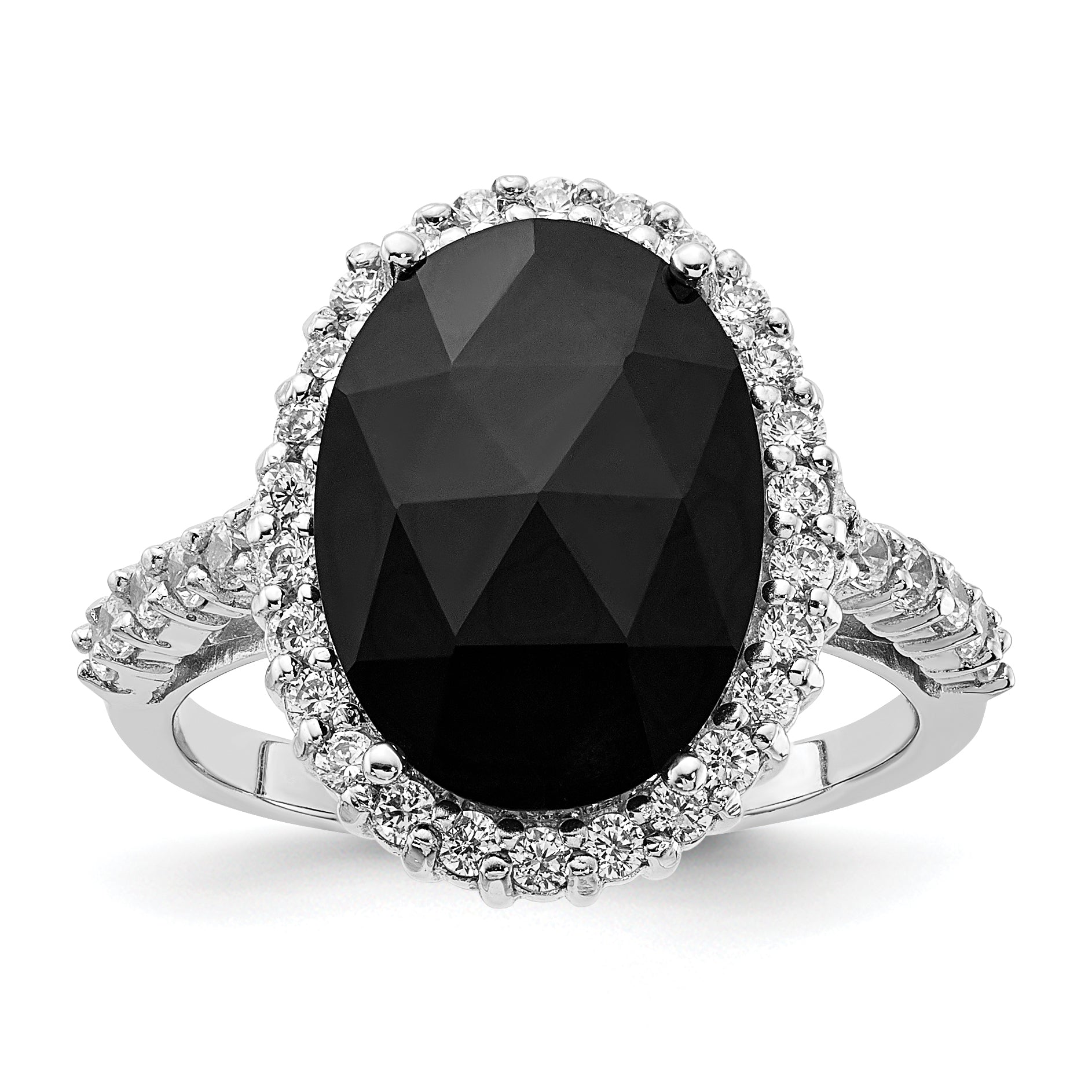 Cheryl M Sterling Silver Rhodium-plated Checker-cut Black CZ and Brilliant-cut White CZ Oval Halo Ring